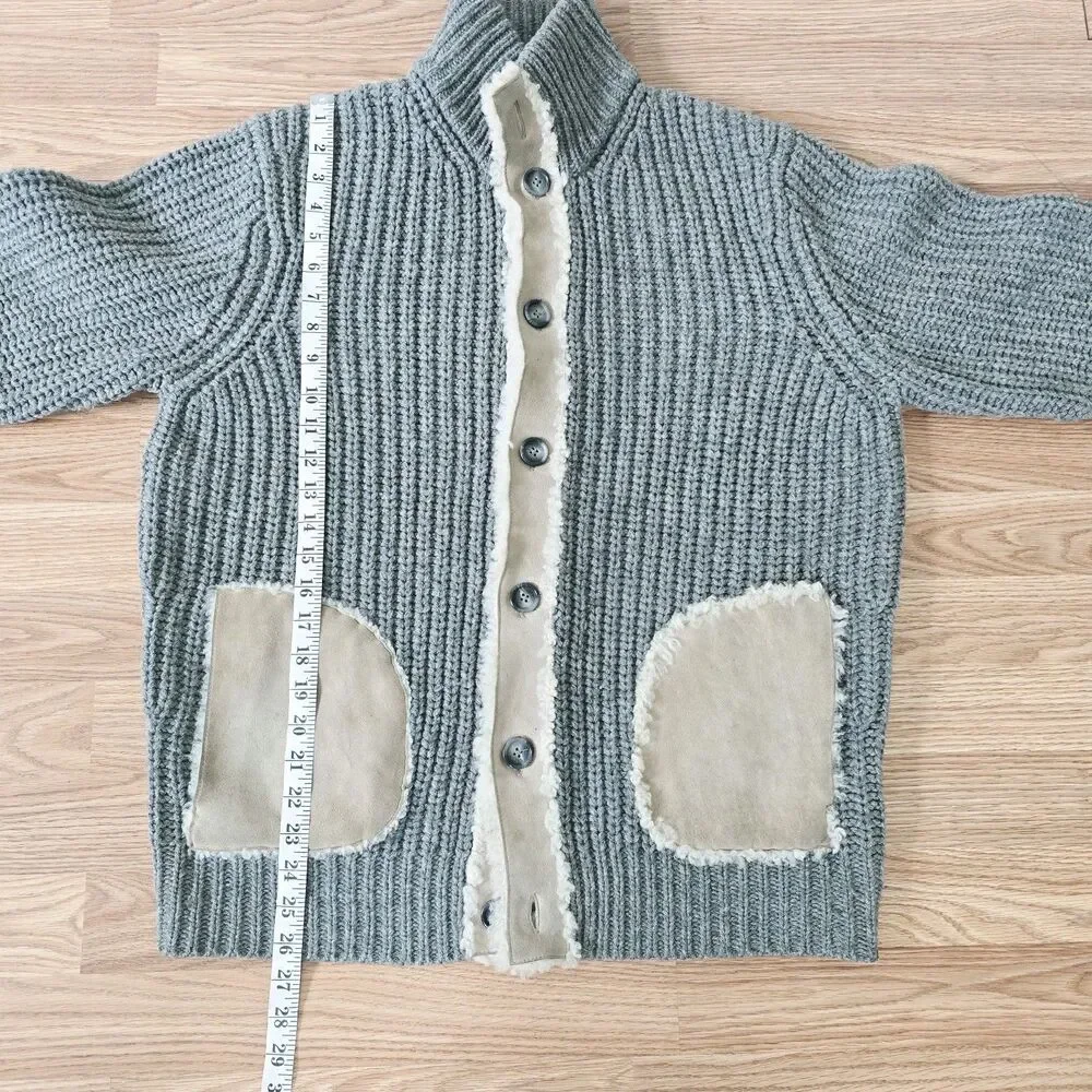 Michael Kors Ribbed Wool Knit Cardigan Lamb Shearling Sweater Size L Elbow Patch